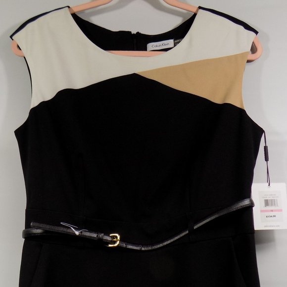 Calvin Klein Sleeveless Zip Back Belted Dress Black/Tan/White Size 10 NWT - Picture 3 of 13